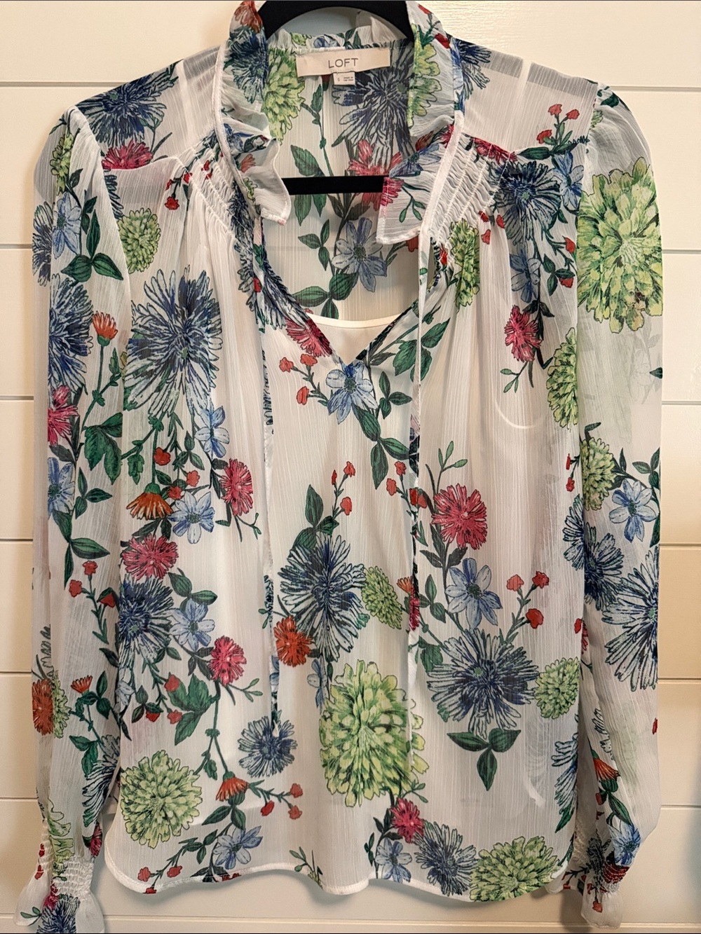 LOFT White Sheer Botanical Tie-Neck Blouse with Multi-Color Floral Print